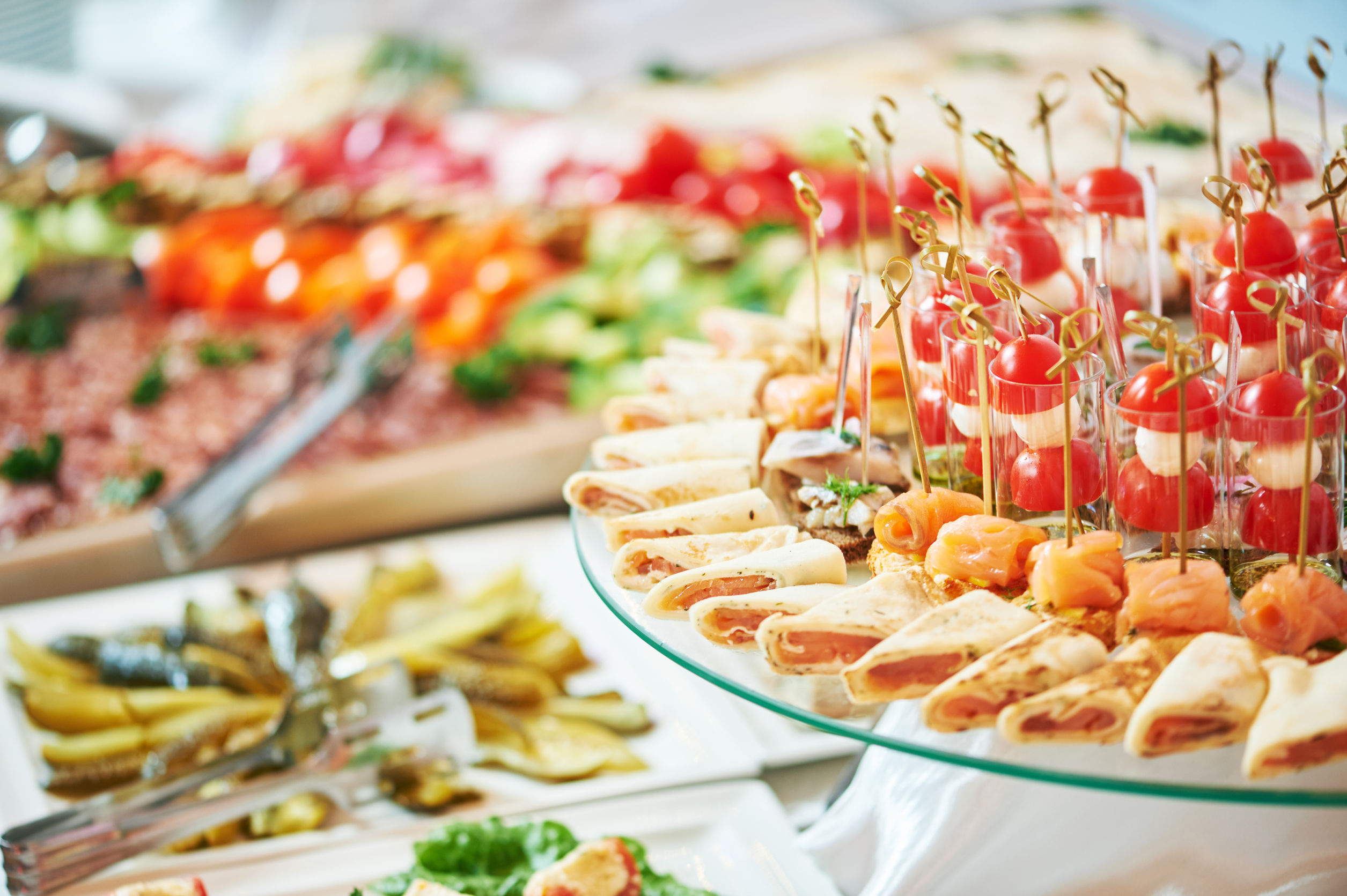 Catering service. Restaurant table with food at event. Shallow depth of view