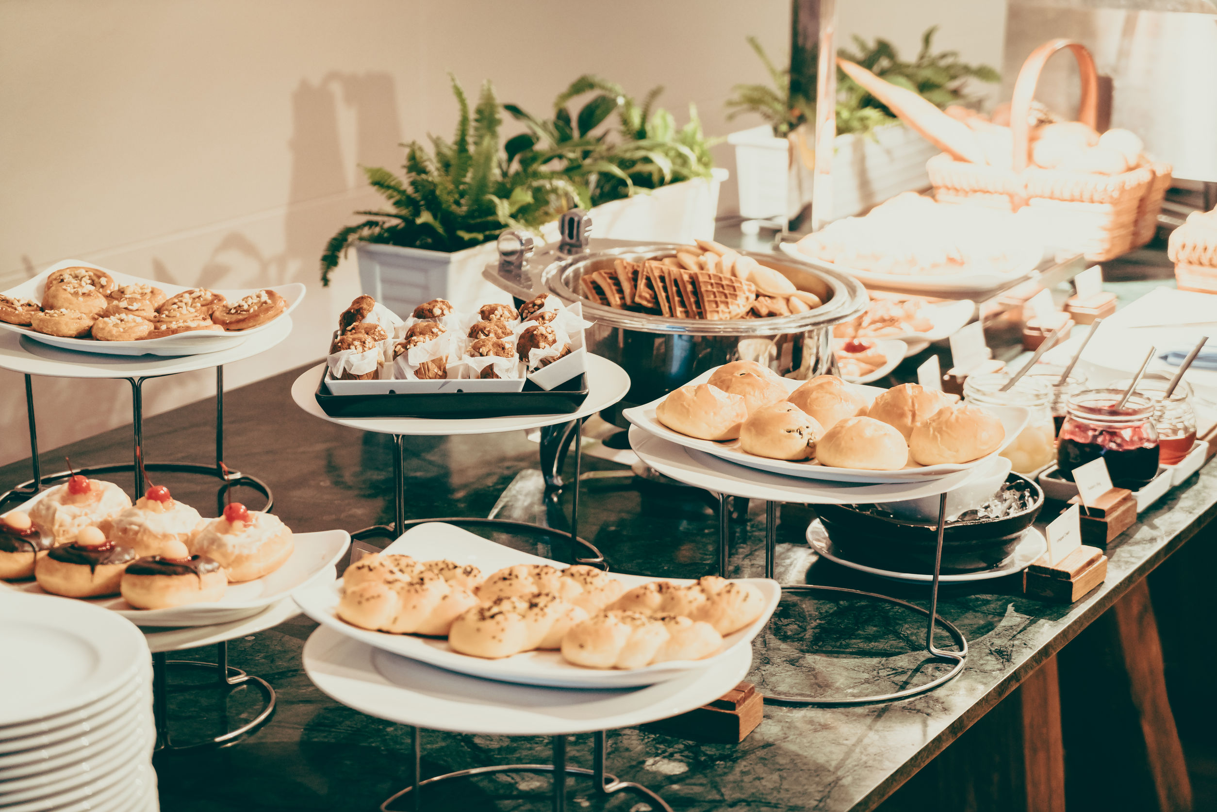 Selective focus point on Catering buffet in hotel restaurant - Vintage filter effect